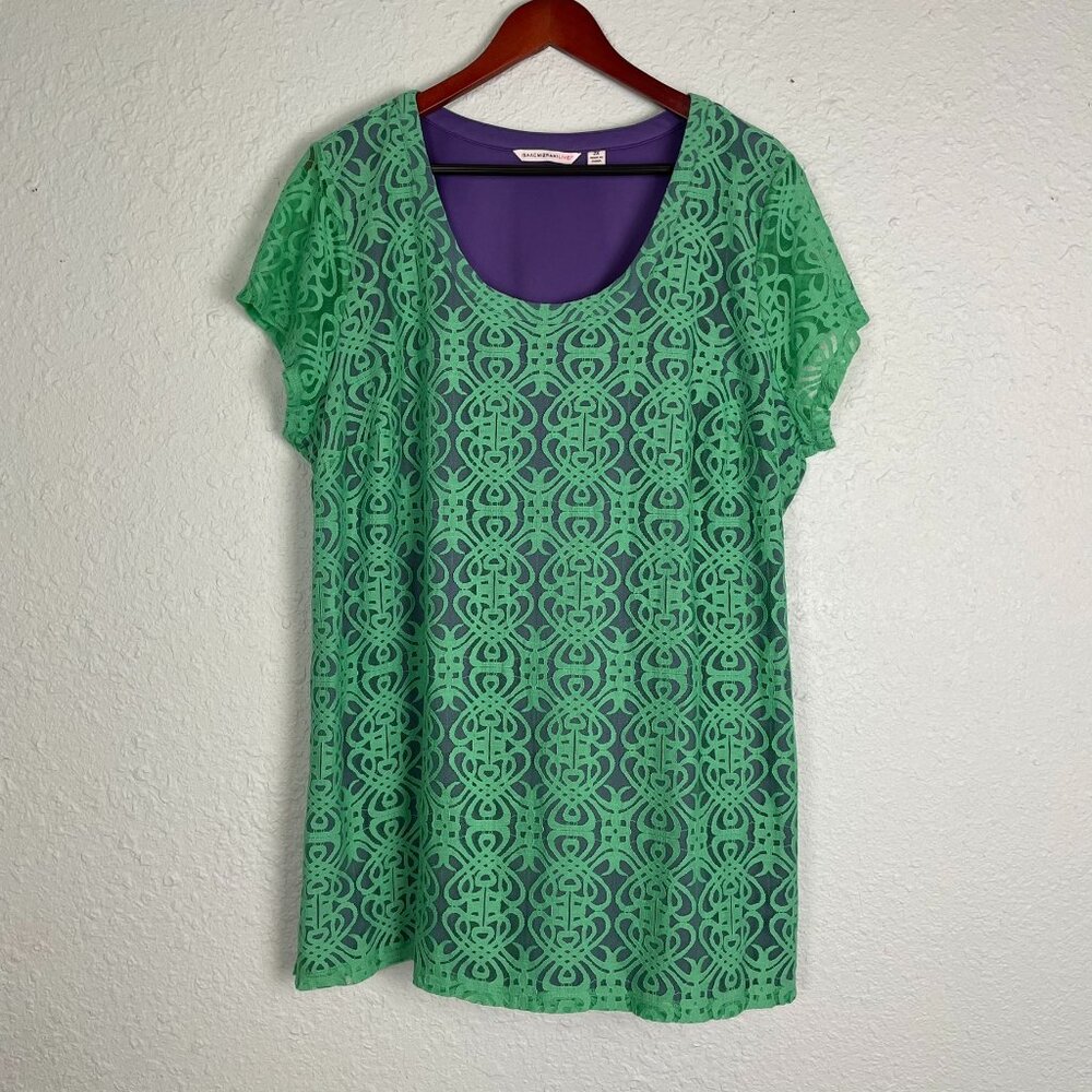 Isaac Mizrahi Live Womens Shirt Large Purple Shell with Green Lace Overlay 2X